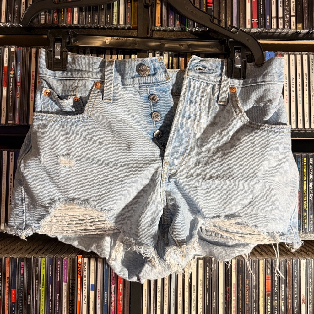 Levi's 501 Light Blue Festival Preppy Jean Shorts with Distressed Details
